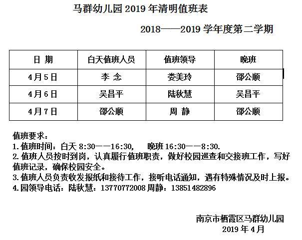 马群幼儿园清明假期四个园部值班表