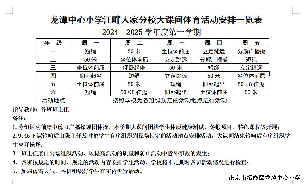 龙潭中心小学江畔人家分校 2024—2025学年度第一学期大课间体育活动安排一览表