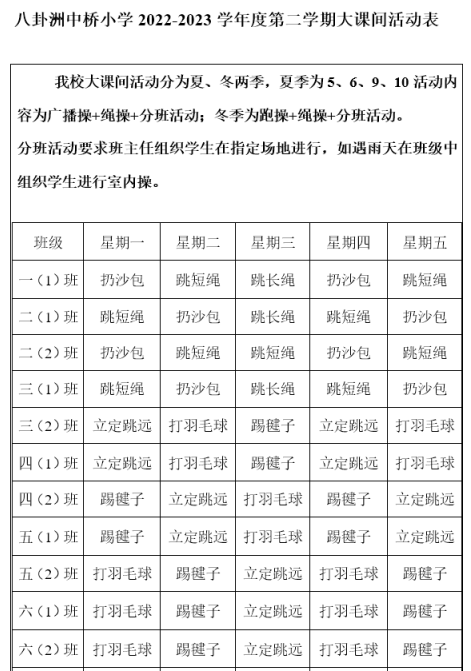 八卦洲中桥小学2022-2023学年度第二学期大课间活动表