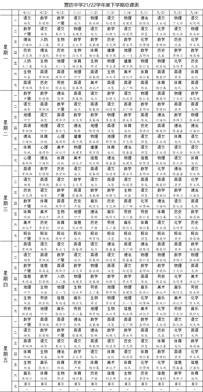 营防中学21-22学年度下学期总课表