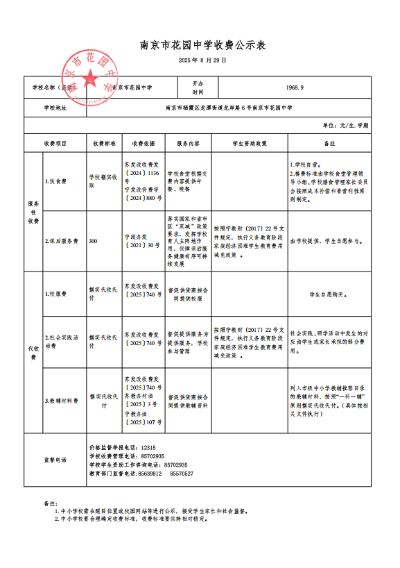 【臻美金龙】南京市花园中学收费公示表