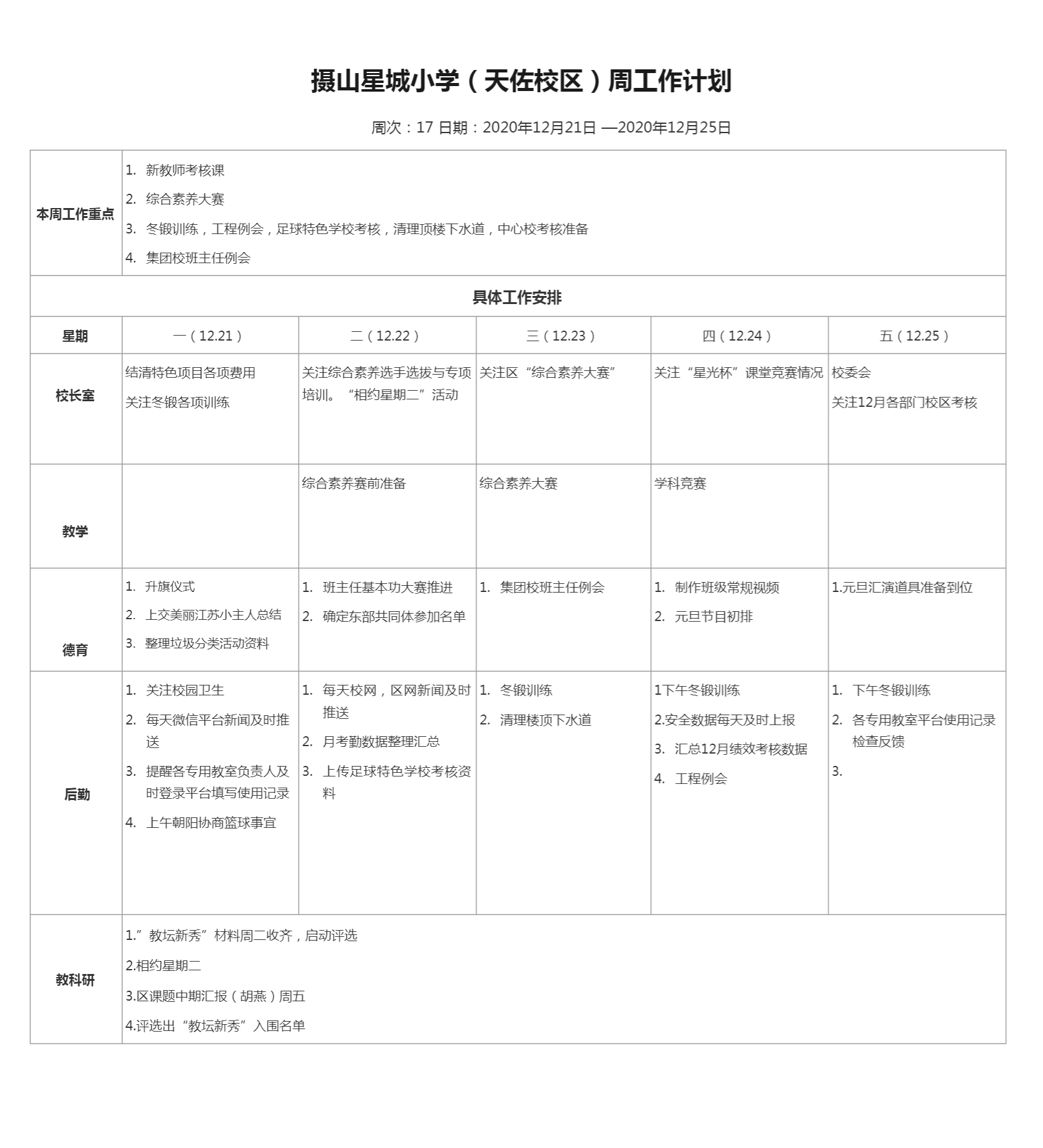 摄小天佐路校区第17周工作计划