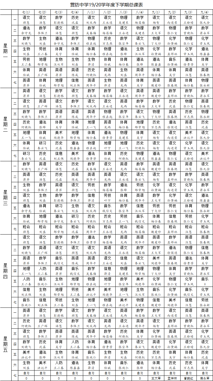 营防中学19/20学年度下学期总课表