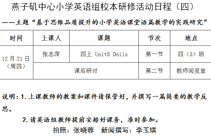 【悦群燕小 友学课堂】研析语篇文本，提升思维品质 ——燕小英语组校本研修活动（四）