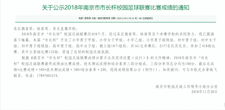南京市校园足球“市长杯”比赛成绩通告