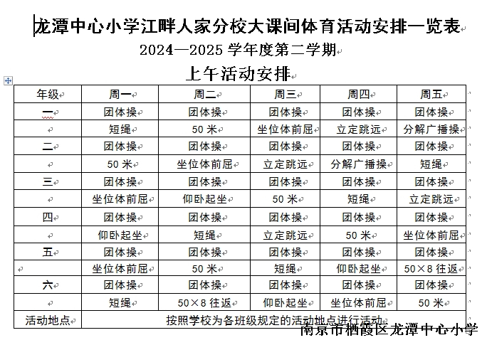 【灵美龙小·江畔】龙潭中心小学江畔人家分校2024-2025第二学期大课间活动安排表