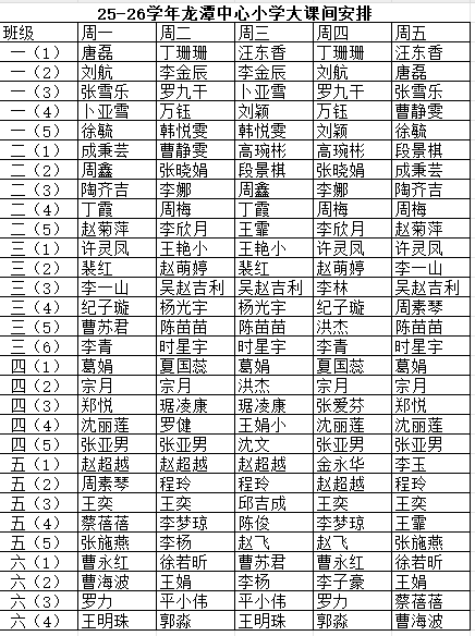 25-26学年第一学期龙潭中心小学阳光体育活动安排一览表