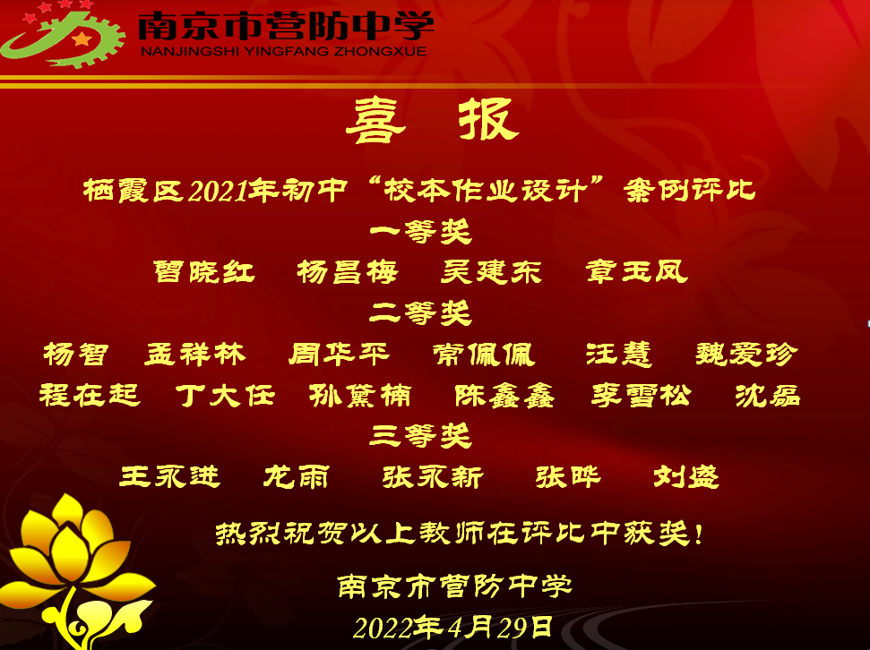 【尊荣营中】热烈祝贺我校教师在2021年栖霞区初中校本作业设计评比大赛中获奖！