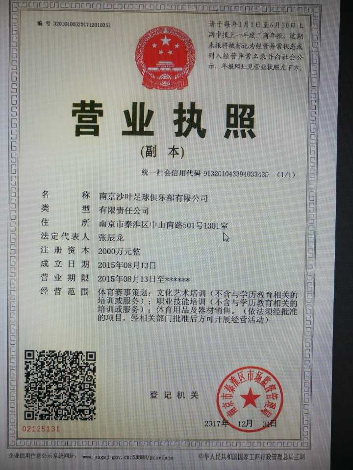 南京沙叶足球俱乐部营业执照