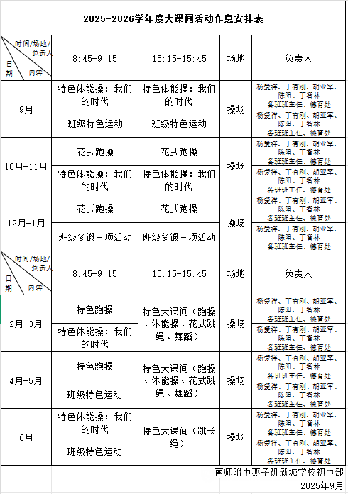 【公示】2025-2026学年度大课间活动安排表