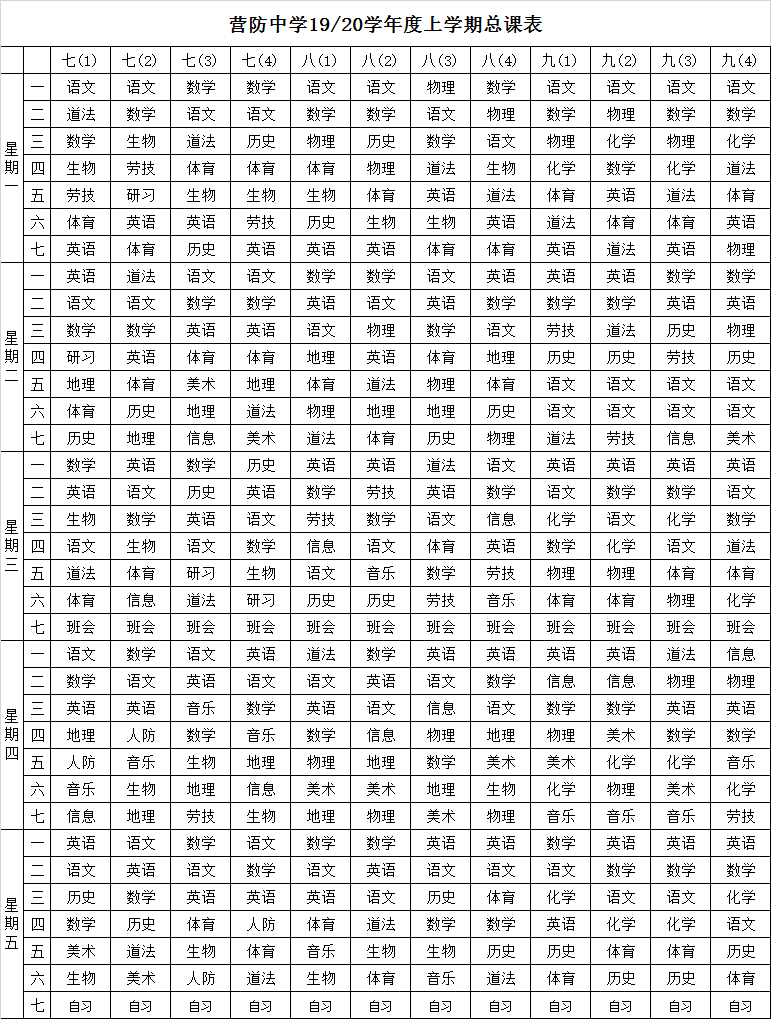 营防中学19-20学年度上学期总课表